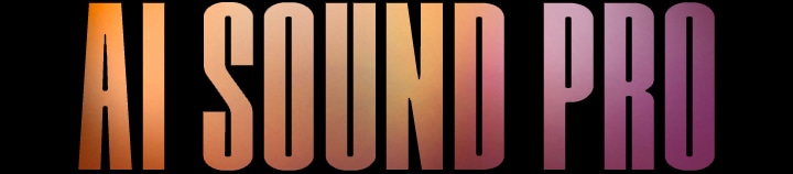 Text reading 'AI SOUND PRO' in bold, capital letters with a gradient color scheme ranging from orange and brown on the left to pink and purple on the right, set against a black background.