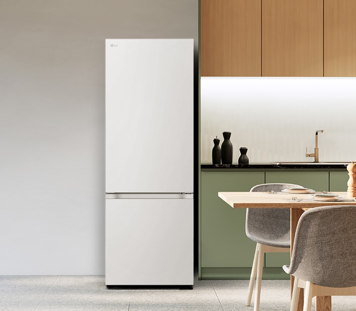 lg bottom freezer refrigerator in a modern kitchen.	