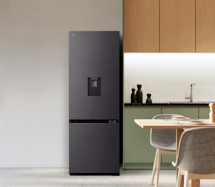 lg bottom freezer refrigerator with water dispenser in a modern kitchen.