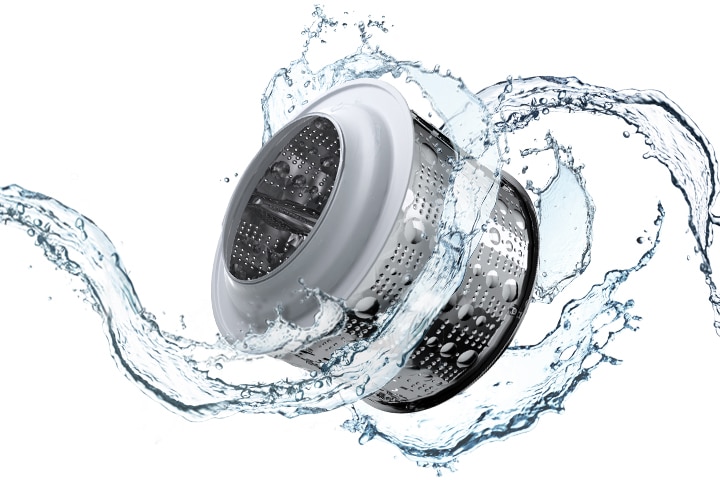 The washing machine drum is swirling with water