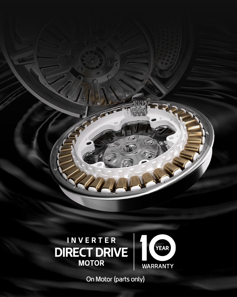 Image shows a washing machine motor and logo on a black rippling background