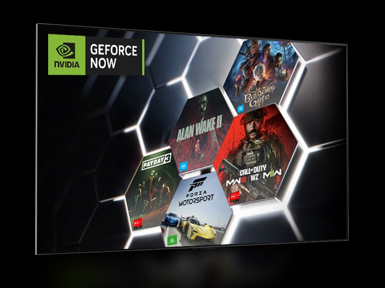 An image of the Boosteroid home screen showing "Trine 4: The Nightmare Price" and another image of GeForce NOW home screen showing five different game thumbnails.