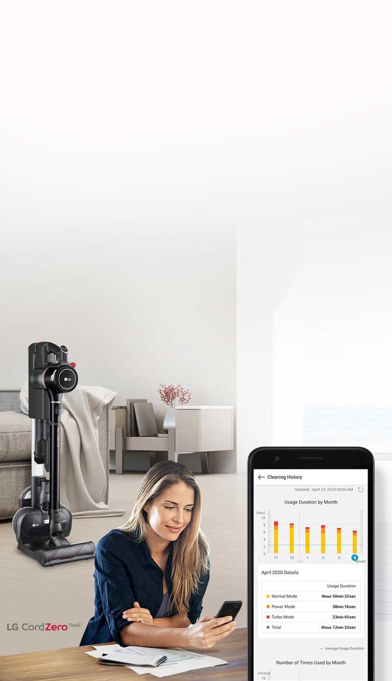 The vacuum in the charging stand is in a living room in the background with a woman looking at her phone in the foreground. An image of the phone screen shows the cleaning history of her product.