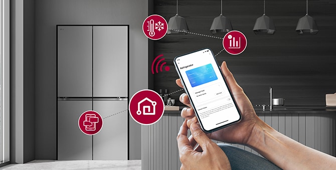 Smart phone is shown giving instructions to the fridge in background