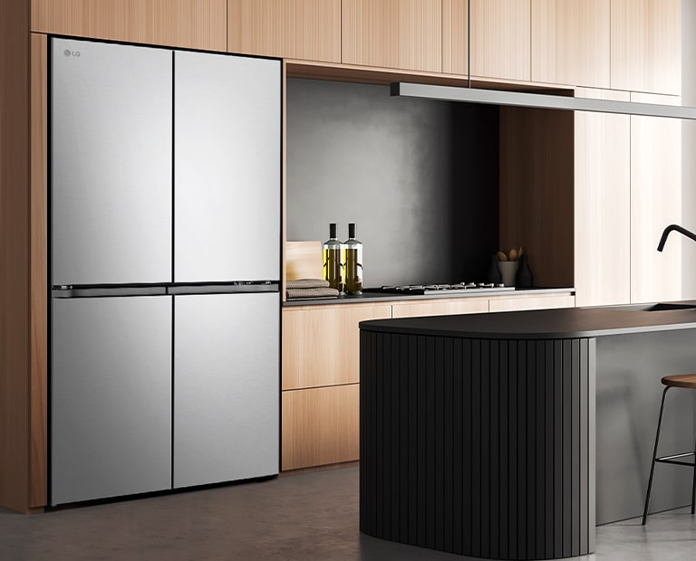 Modern kitchen interior with InstaView fridge.