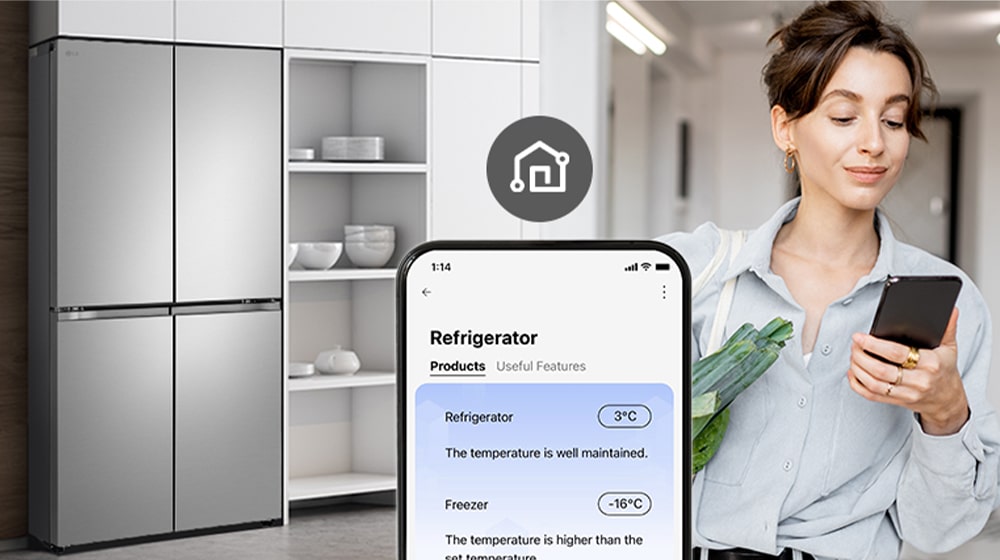 Image on the right shows a woman with a shopping basket looking at her cell phone. Image on the left shows the refrigerator front view. In the center of the images is an icon to show connectivity between the phone and refrigerator.