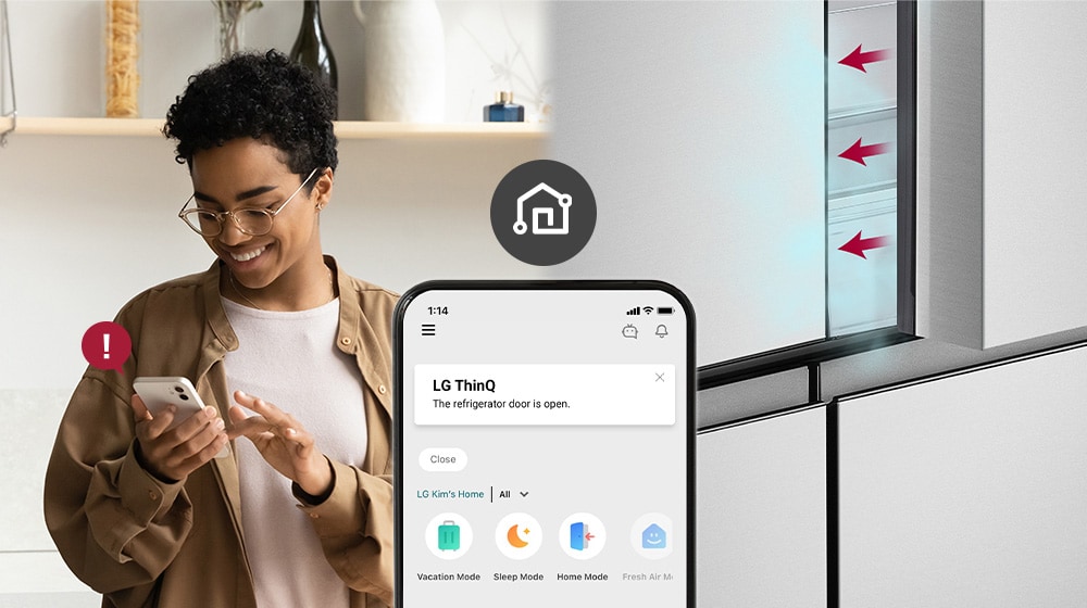 The image on the left shows the person looking at the smartphone. The image on the right shows that the refrigerator door has been left open. In the foreground of the two images is the phone screen which shows the LG ThinQ app notifications and the Wi-Fi icon above the phone.