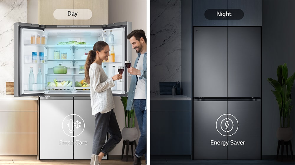 The image on the left shows a couple holding glasses during the day in front of an open refrigerator. Only one side of the refrigerator is open, and blue cold air is flowing out of the refrigerator. The thermometer icon, which means cold air, is located below the image. The image on the right shows the refrigerator in the kitchen on a dark night. Below the image is an electric icon, which means energy saving.