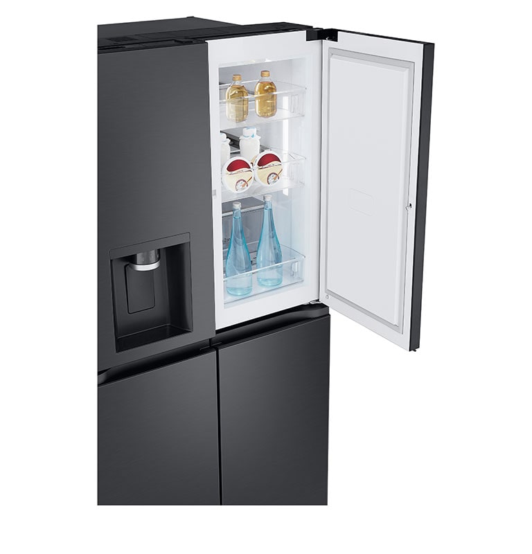 Fridge in modern kitchen with 4 doors closed. Cycles to top right hand Door-in-Door compartment opening, revealing easy reach items, then full right hand side door opening revealing inside fridge filled with colourful items.