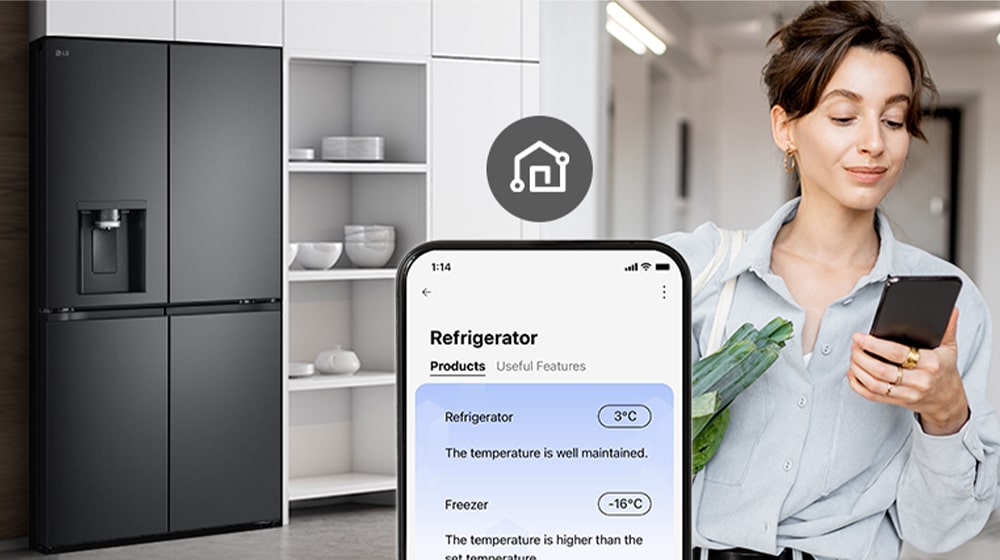 Image on the right shows a woman with a shopping basket looking at her cell phone. Image on the left shows the refrigerator front view. In the center of the images is an icon to show connectivity between the phone and refrigerator.