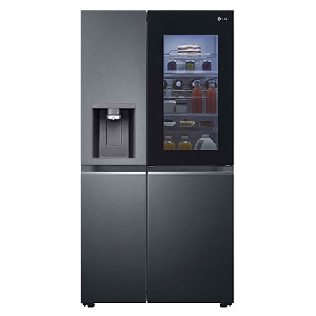 LG 635L Side by Side Fridge in Matte Black Finish, front light on food view, GS-V635MBLC, thumbnail 1