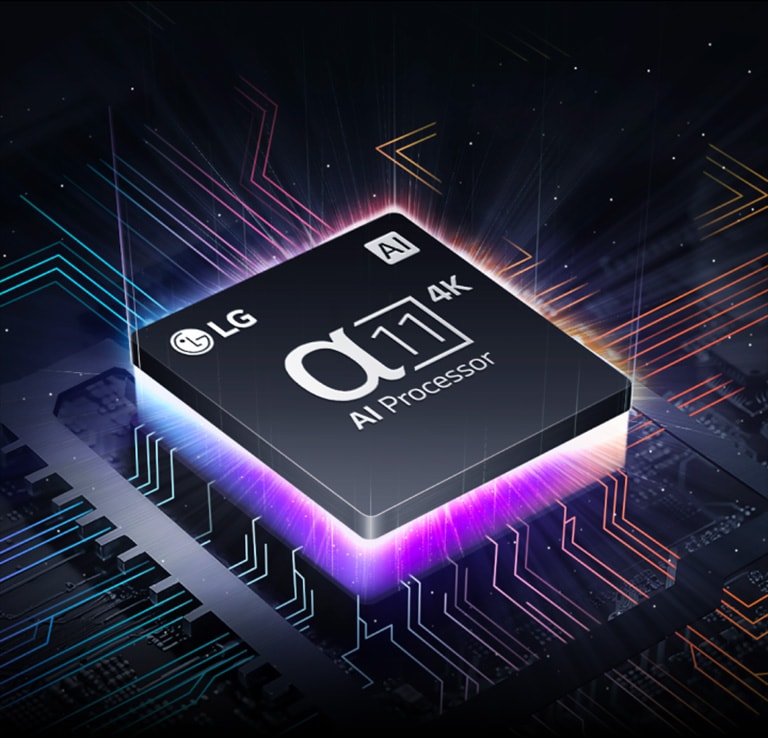 LG's alpha 11 AI Processor 4K barely visible amidst darkness. The AI Processor lights up purple and pink, and colorful bolts of light shoot out from it. More bolts appear across the motherboard, stretching further.