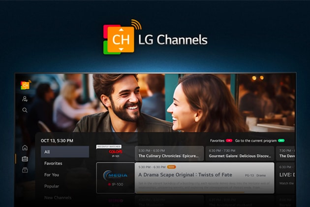 An LG TV shows the LG Channels home screen. 