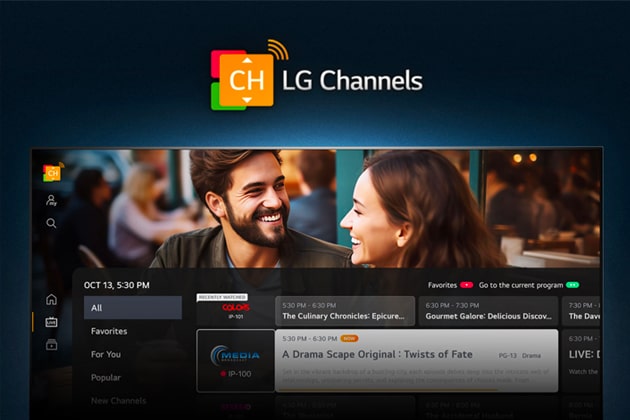 An LG TV shows the LG Channels home screen.