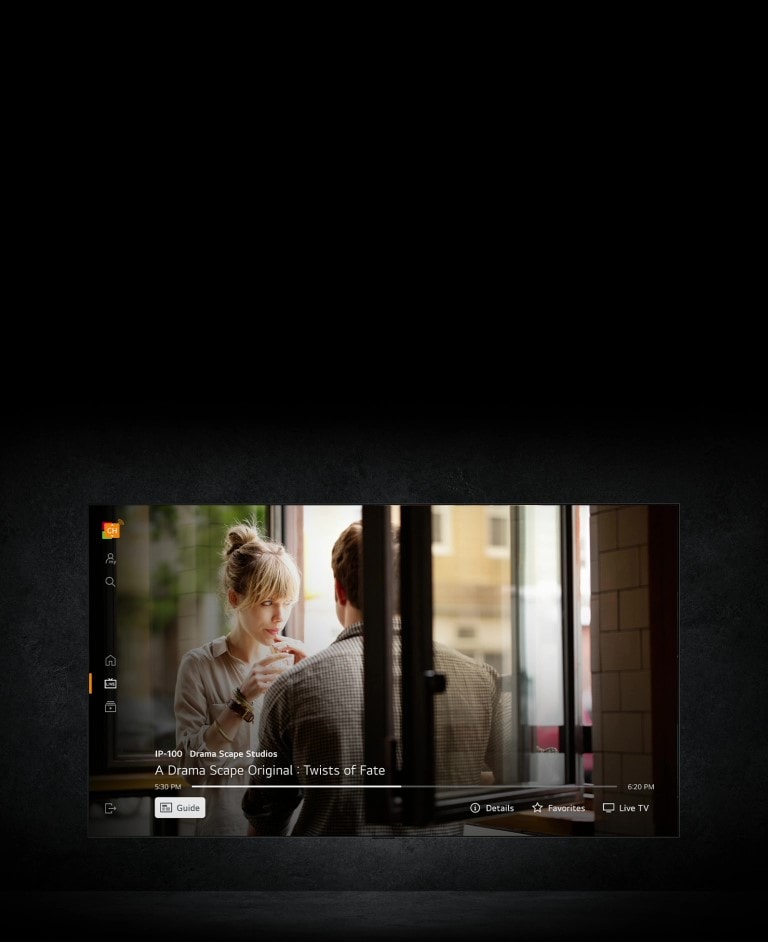 A user selects LG Channels from the LG TV's home screen. The cursor then clicks to continue watching a favorite drama series. 