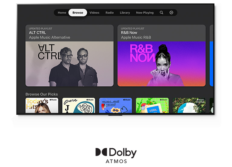 The Apple Music interface shows updated playlists and personalized picks with the Dolby Atmos logo below it.