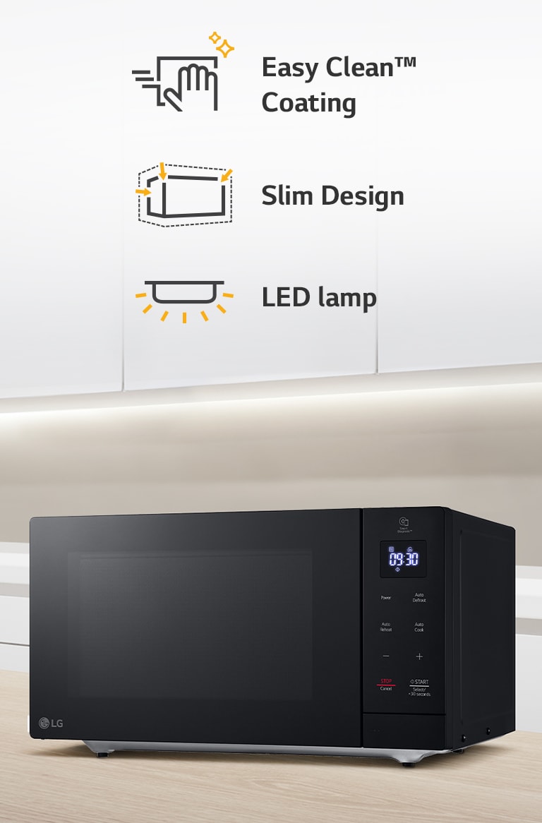 There is a microwave oven in neutral coloured kitchen and icons representing three key features.