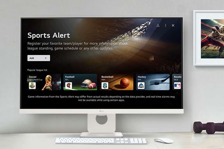 The smart monitor screen placed on the table displays the SPORTS APP screen.
