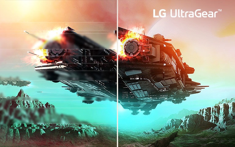 Comparison of fluid gaming image - The left image is tearing, and the Right image is tear-free.