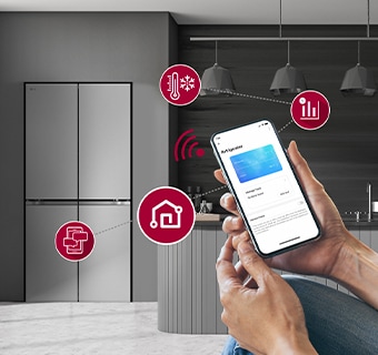 Graphic showing fridge on left hand side with mobile phone on right hand side. The mobile phone shows the ThinQ app interacting with the fridge, with iconography representing temperature, communication and graphs/data.