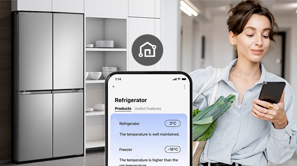 Image on the right shows a woman with a shopping basket looking at her cell phone. Image on the left shows the refrigerator front view. In the center of the images is an icon to show connectivity between the phone and refrigerator.