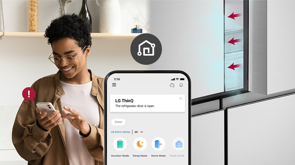 The image on the left shows the woman looking at the smartphone. The image on the right shows that the refrigerator door has been left open. In the foreground of the two images is the phone screen which shows the LG ThinQ app notifications and the Wi-Fi icon above the phone.