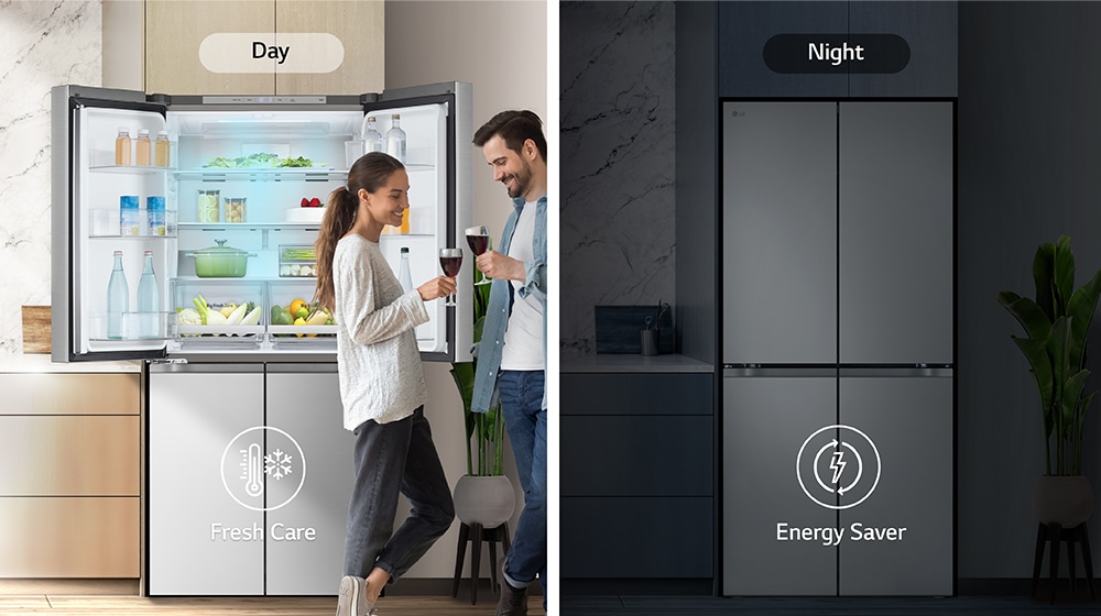 The image on the left shows a couple holding glasses during the day in front of an open refrigerator. Only one side of the refrigerator is open, and blue cold air is flowing out of the refrigerator. The thermometer icon, which means cold air, is located below the image. The image on the right shows the refrigerator in the kitchen on a dark night. Below the image is an electric icon, which means energy saving.