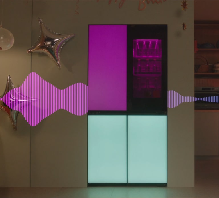 A video where music is played and sound waves are seen behind the product