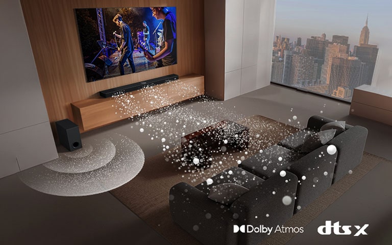 An image of an LG TV and LG Soundbar in a living room playing a musical performance. White soundwaves made up of droplets project from the soundbar, looping around the sofa and living space to depict surround sound. A city skyline is visible through the window.  Dolby Atmos logo DTS X logo