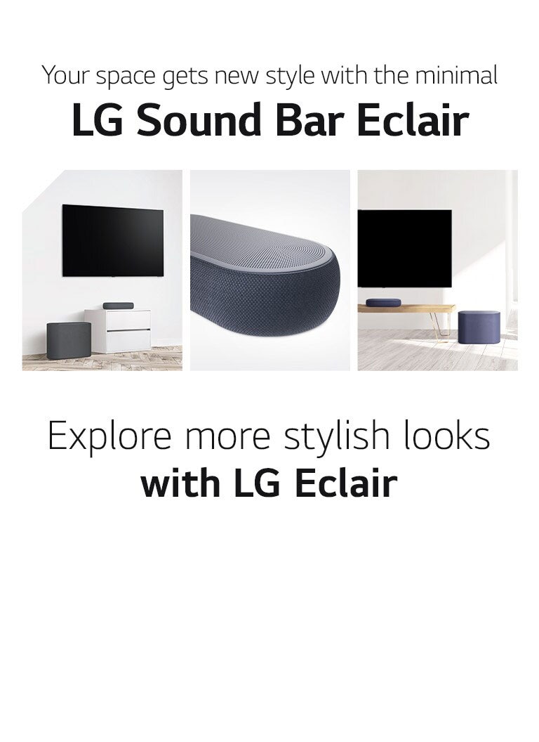 There is a collage of three images - soundbar and subwoofer in a white living room on the left side, close-up of a right side of soundbar in the middle, and soundbar and subwoofer placed on a wooden cabinet on the right side of a collage image.