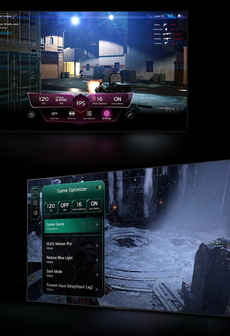 An image of two gaming scenes. One shows an FPS game with the Game Dashboard appearing over the screen during gameplay. The other screen shows a dark, wintery scene with the Game Optimizer menu appearing over the game.