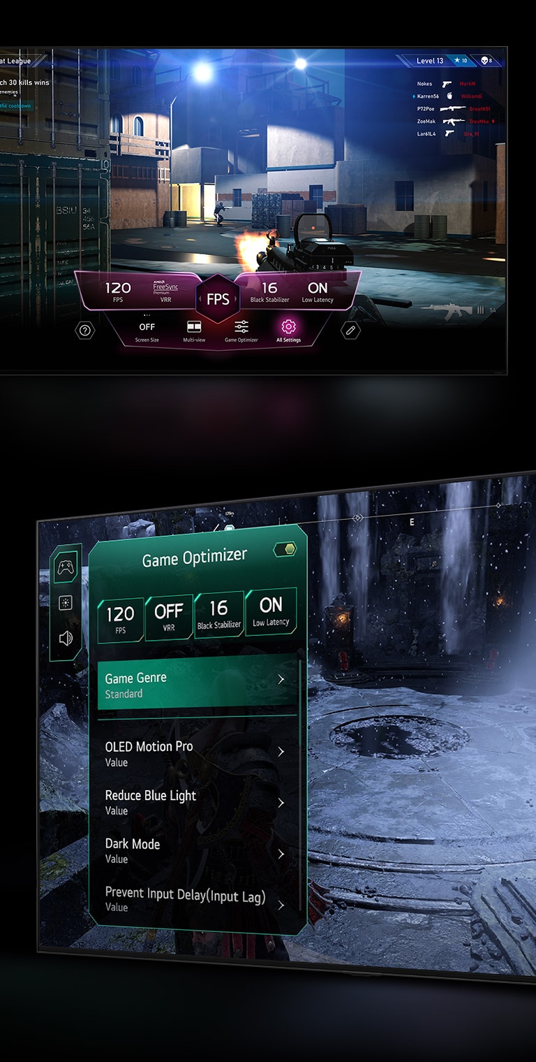 An image of two gaming scenes. One shows an FPS game with the Game Dashboard appearing over the screen during gameplay. The other screen shows a dark, wintery scene with the Game Optimizer menu appearing over the game.