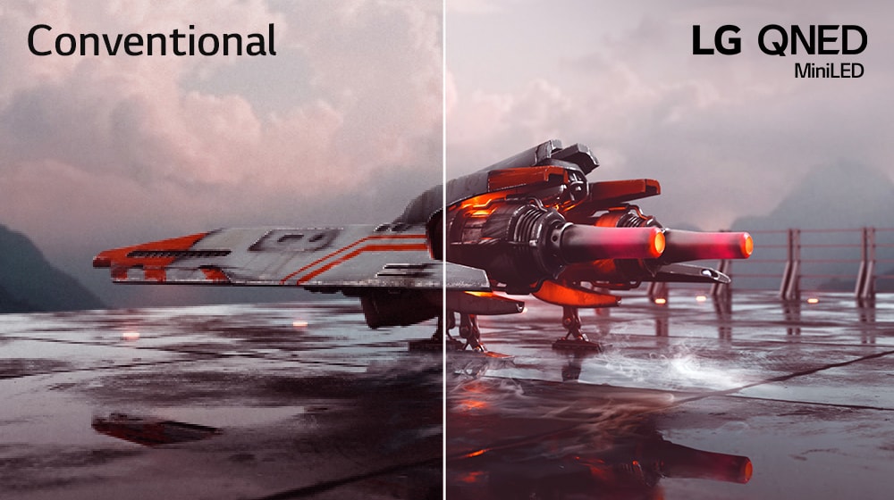 Hay un avión de combate rojo y una imagen se divide en dos: la mitad izquierda de la imagen parece menos colorida y ligeramente más oscura, mientras que la mitad derecha de la imagen es más brillante y colorida. En la esquina superior izquierda de la imagen dice &quot;Convencional&quot;, y en la superior derecha se visualiza el logo LG QNED.
