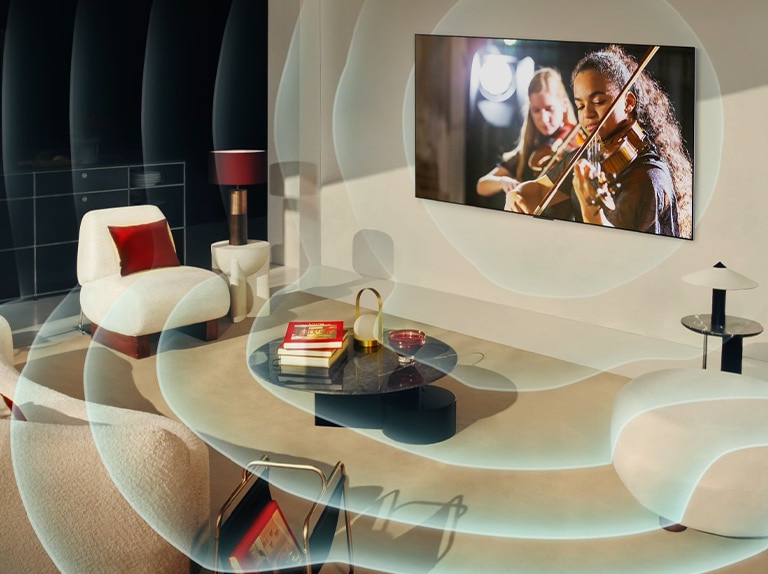 LG TV mounted on a wall in a living room with a guitar player shown on the screen. Concentric circle graphics representing sound waves.