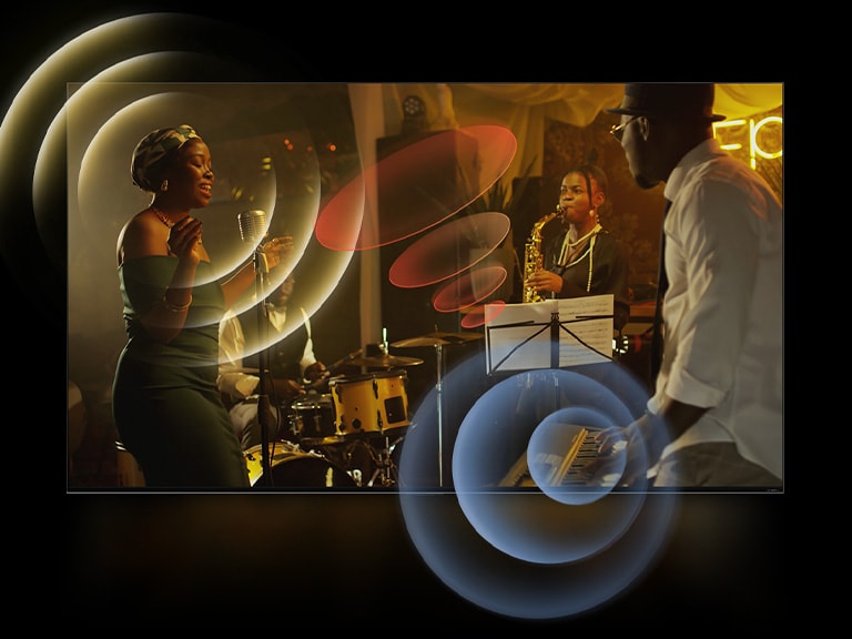 An image of LG TV showing musicians performing, with bright circle graphics around the space.