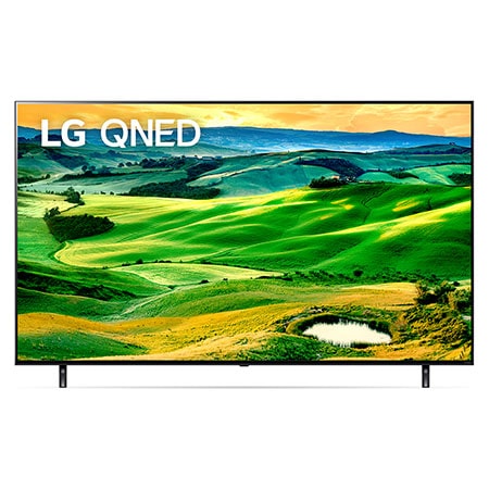 A front view of the LG QNED TV with infill image and product logo on