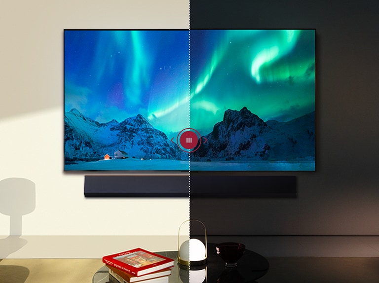 An image of an LG OLED TV and LG Soundbar in a modern living space in daytime. The image of the aurora borealis is displayed with the ideal brightness levels.