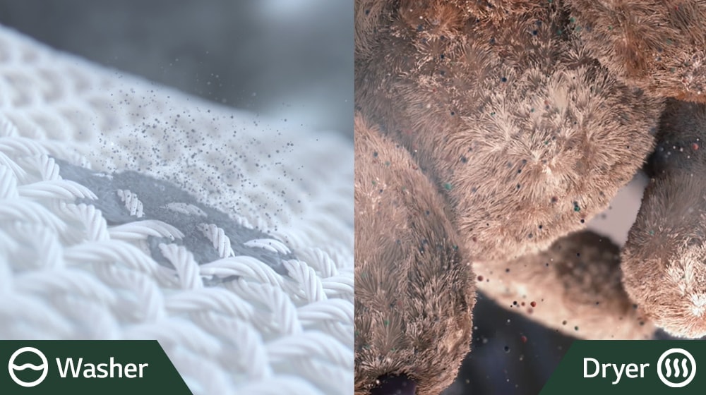 Left image is showing how dirt and stains are removed from the laundry inside the washer. In right image, there is a teddy bear in the dryer. During the drying process, house dust mites and the like are being removed.