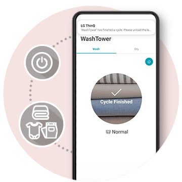 Shows mobile screen and icons that introduce the functionality of the WashTower.