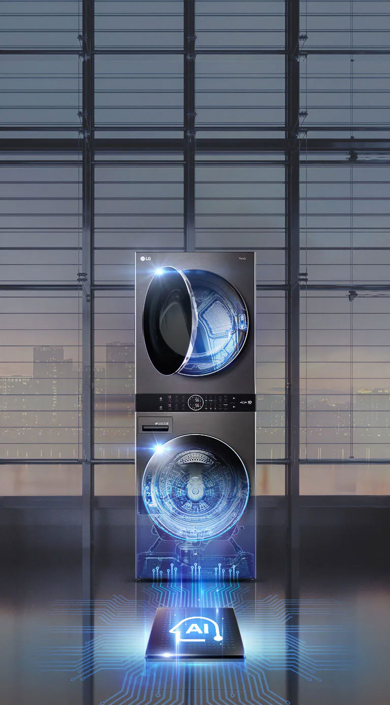 An LG Wash Tower sits facing front with a wall of windows behind it. The top door is slightly ajar showing a blue light shining inside. The bottom door is open completely showing the blue light glowing out and lines connecting to the AI icon indicating technology and connection.