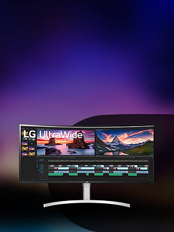 LG UltraWide monitor with screen displaying video editing software. 