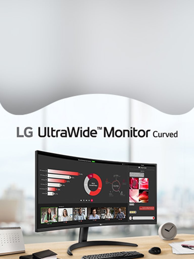 LG UltraWide Monitor on desk. Screen displays multiple graphs. 