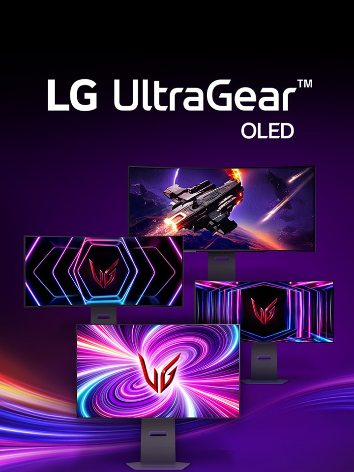 Image of multiple UltraGear monitors on purple background