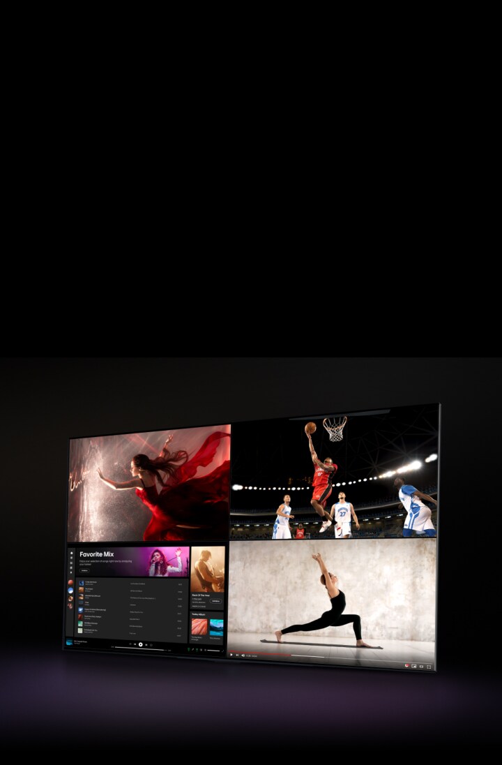 Una LG TV muestra una película y la pantalla está dividida de modo que la mitad muestra una película y el otro lado muestra Spotify. El cursor hace clic en un botón para abrir el panel de configuración de Multi View y hace clic en el botón Live TV, y la ventana de Spotify cambia a una pantalla que muestra la escena deportiva. Una tercera ventana que muestra un vídeo de yoga en YouTube se desliza desde abajo. Luego, una cuarta ventana que muestra Spotify se desliza desde abajo para que la pantalla muestre contenido diferente en los cuatro cuadrantes.
