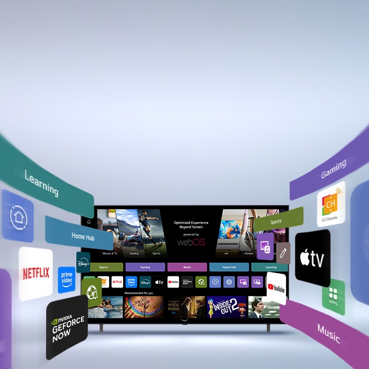 'LG Smart TV mostrando la pantalla de inicio de webOS con aplicaciones de entretenimiento y elementos de interfaz de usuario de LG Channels que se extienden dinámicamente hacia fuera, destacando más de 4000 aplicaciones y canales globales.