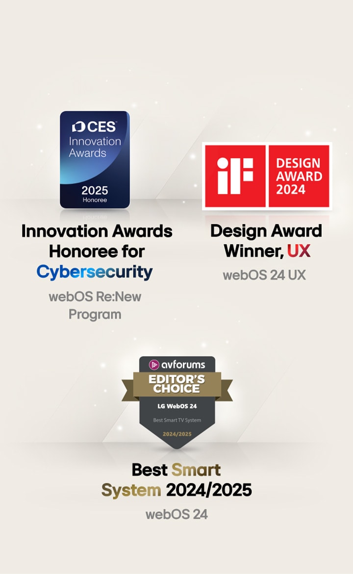 Premios recibidos por webOS de LG. Innovation Awards Honoree por ciberseguridad, CES Innovation Awards 2025. Ganador de Design Award, UX iF Design Awards 2024. Mejor Sistema Inteligente 2024/2025, AV Forums Editor's Choice.
