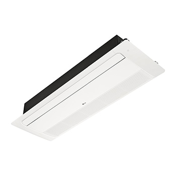 El LG Ceiling Cassette ARNU24GTTB4 es rectangular y plano. Hay una bandeja móvil en la parte delantera y un orificio largo en la parte posterior para que el aire pueda entrar y salir.