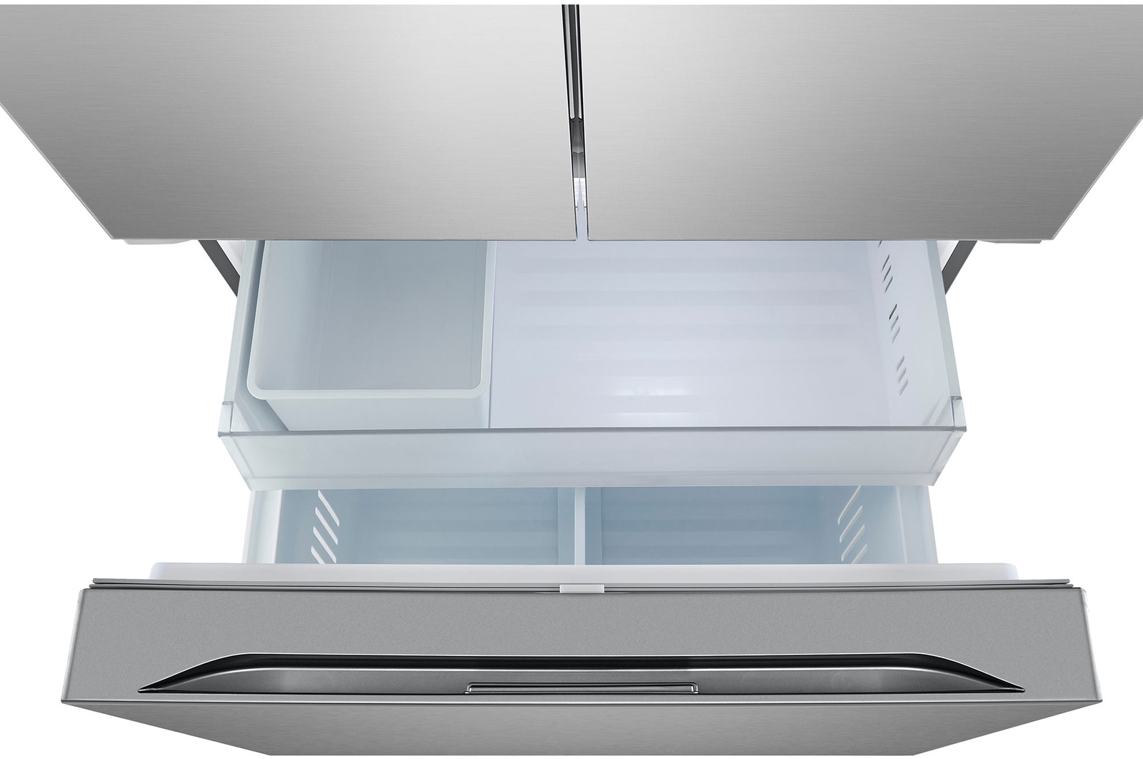 Close up view of freezer part of multi-door refrigerator.