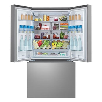 Front open view of multi-door refrigerator foods.