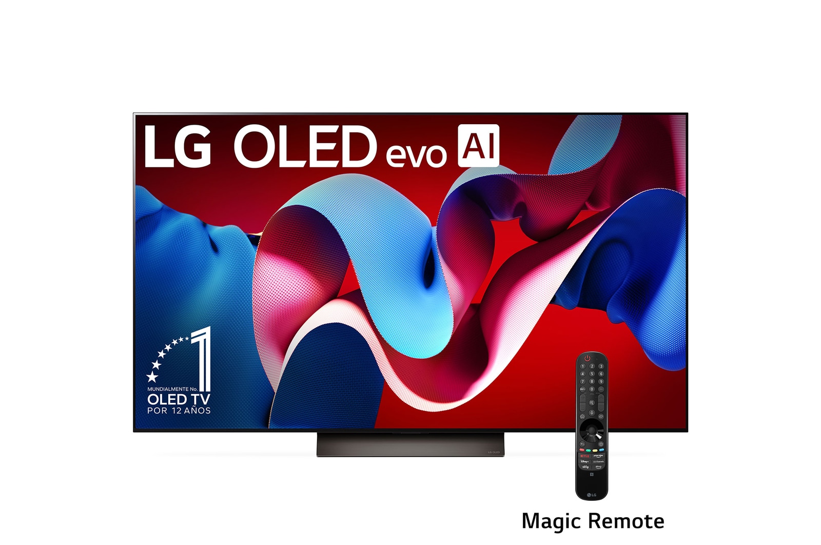 Vista lateral ligeramente inclinada hacia la derecha con la barra de sonido debajo y un altavoz adicional al costado